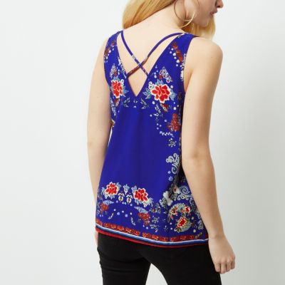 Blue floral crossover back cami top